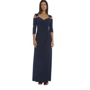 Navy blue evening gown with shoulder cutouts